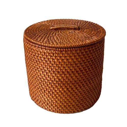 Round Storage Basket with Lid, 7.5x6.5inch Handwoven Rattan Storage Basket for Organizing for Bedroom, Living Room, Bathroom