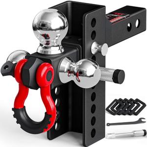 TYT Adjustable Heavy-Duty Trailer Hitch Tri-Ball Mount with Locks&Pin&Rotatable Tow Shackle, Fits 2-in Receiver, 4-1/2" Rise/Drop, 1-7/8" & 2" &2-5/16" Ball, 10000LBS GTW