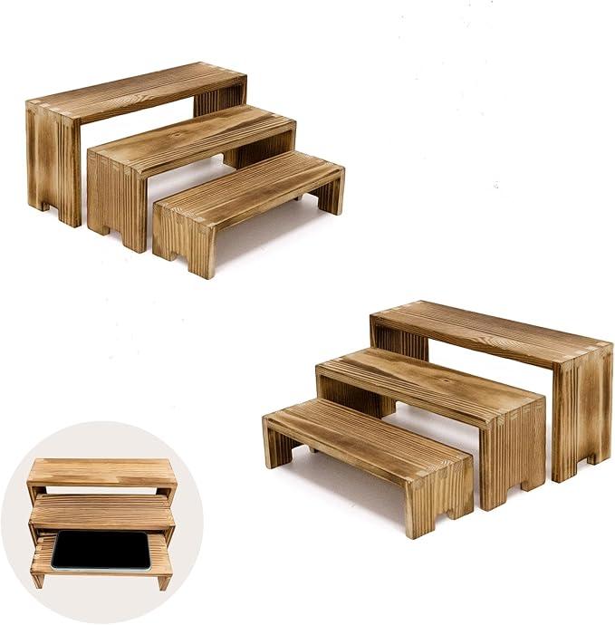 Display Riser Wood Risers Cupcake Stand 3 Tier Racks Decorative Rectangular, 2 Set 6 Piece Cologne Perfume Organizer Showcase Items(Nature Wood)
