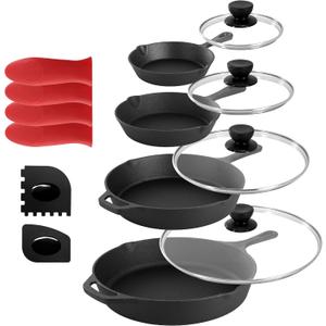 Megachef 13 Piece Pre-Seasoned Cast Iron Skillet Set with Temperd Glass Lids and Silicone Holders (Multi)