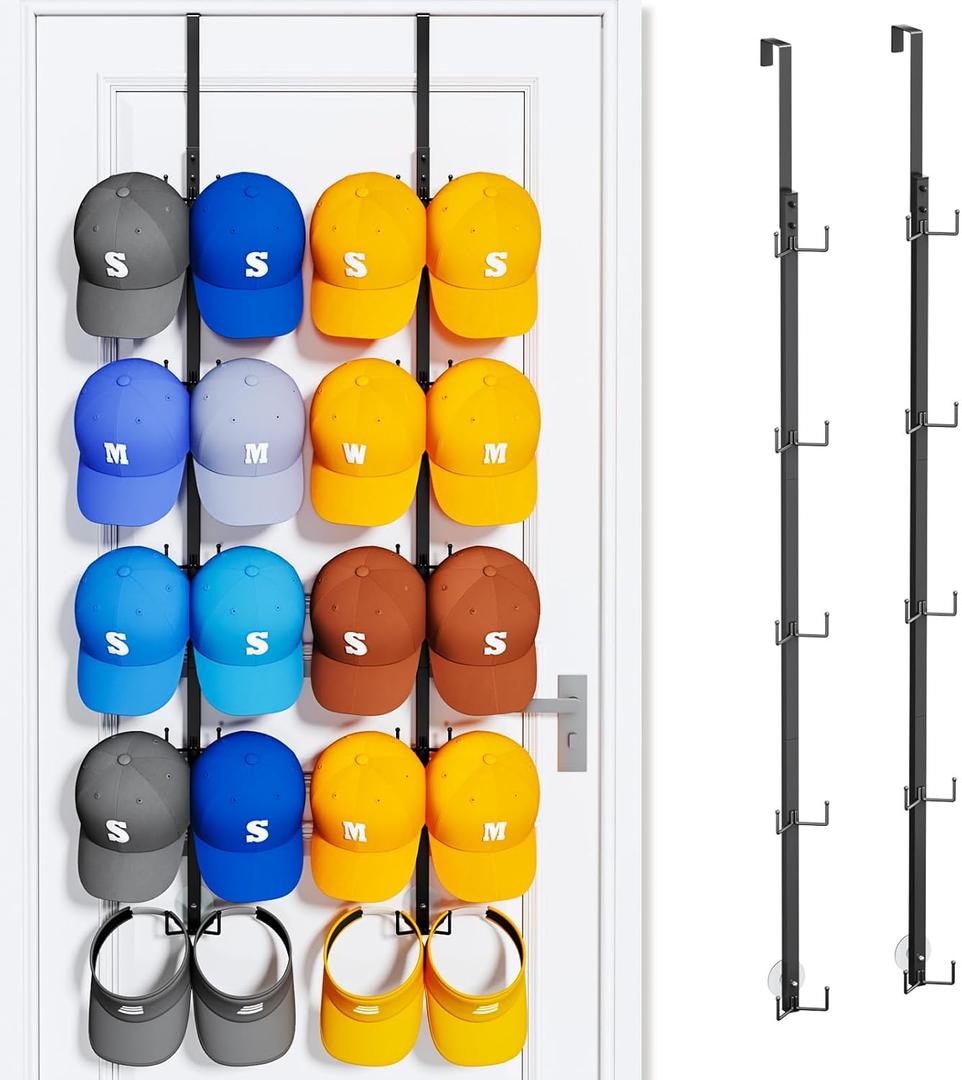 SWTYMIKI Over Door Hat Organizer - 2 Packs Metal Wall Mounted Hat Rack with 5-Tier Dual Hooks Design, Hanging Baseball Cap Organizer Storage Holds up to 40 Caps for Door, Bedroom, Closet (Black)