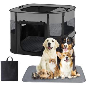 Portable Dog Cat Playpen with Waterproof Pad,Collapsible Pet Puppy Kitten Crate,Foldable Small Animals Kennel Cage for Indoor Outdoor Travel Camping,Water-Resistant Breathable Shade Cover (Grey M)