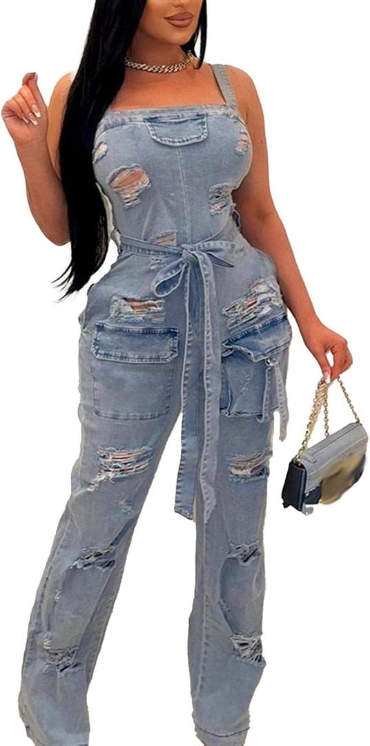Mandonce Denim Jumpsuit for Women Halter Wide Leg Ripped Jean Jumpsuits for Women with Belt Casual Denim Romper (Large, Blue)