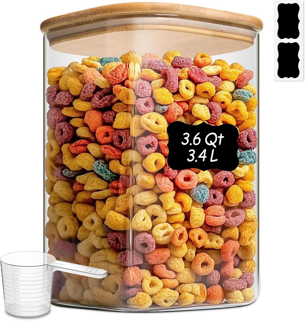 ComSaf 3.6Qt Glass Food Storage Containers, Cereal Storage Containers with Airtight Lids, Large Square Glass Jars with Bamboo Lids, for Rice, Pasta, Oats, Grains, Coffee Beans ComSaf 3.6Qt Glass Food Storage Containers, Cereal Storage Containers with Airtight Lids, Large Square Glass Jars with Bamboo Lids, for Rice, Pasta, Oats, Grains, Coffee Beans