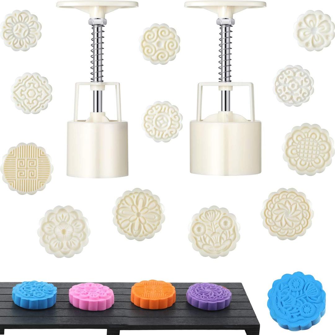 14 Pieces Bath Bomb Mold Kit Moon Cake Mold Press Includes 2 Pcs Shower Steamer Bath Bombs Press with 12 Pieces Stamps for Making DIY Tools