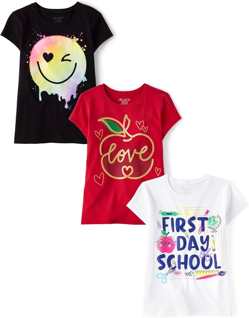 The Children's Place,Girls,School,Learning Short Sleeve Graphic T-Shirts,3 Pack (Paint Face/Love/First Day of School)