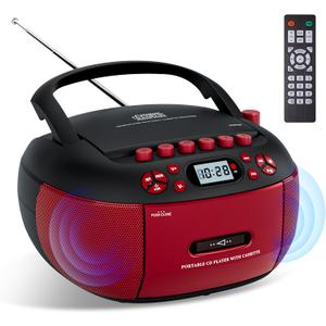 Portable CD Player and Cassette Player with Remote Control, FM Radio, USB Playback, Bluetooth Speaker, Recording Function, Battery/AC Powered for Elderly