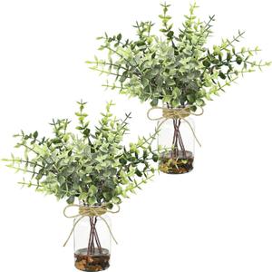 2 Pack Artificial Eucalyptus Stems in Glass Vases, 11" Fake Plants with Faux Water Stones, Small Faux Plants for Kitchen Bathroom Shelf Coffee Table Decor (LightGreen)