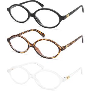 AMOMOMA Trendy Oval Reading Glasses for Women,Men Blue Light Blocking Computer Readers Retro Metal Frame AM6167