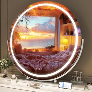 Hasipu Vanity Mirror with Lights and Bluetooth, 28" LED Makeup Mirror, Lighted Makeup Mirror with Lights, Smart Touch Control 3 Colors Dimmable Round Mirror 360°Rotation White