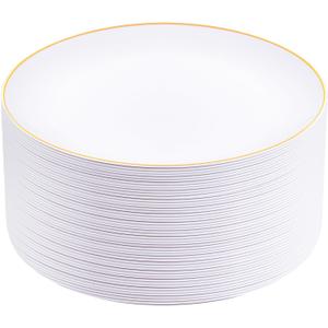 Festiva 50Pcs Gold Plastic Plates - 9 Inch White Plastic Plates with Gold Rim - Disposable Dinner Plates - include 50 salad& pasta Plate Perfect for Party & Wedding & Thanksgiving & Christmas