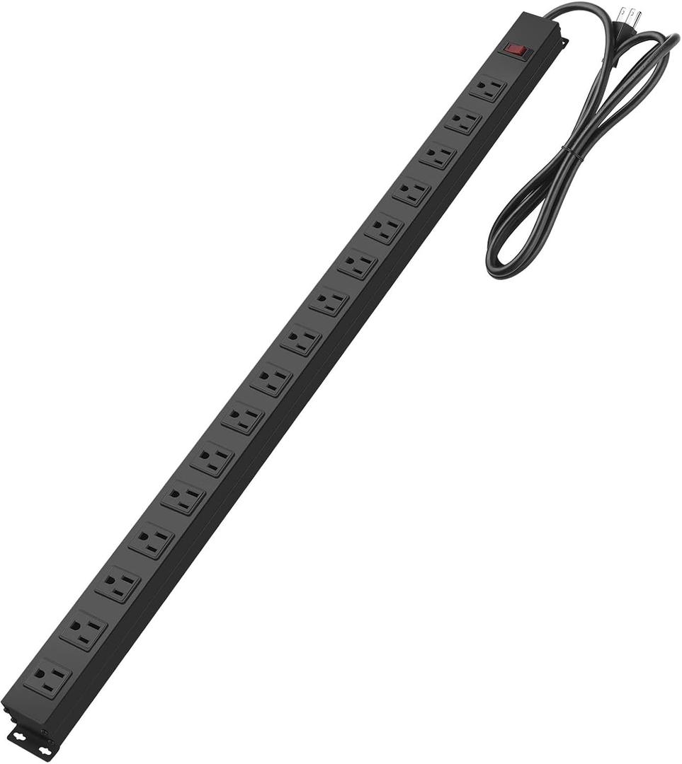 Metal Wall Mount Power Strip, 16 Outlets, 3 FT SJT 3/C 14AWG Power Cord, 15A 125V 1875W, Black