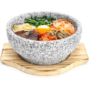 Dolsot Bibimbap Bowl, 27 Oz Korean Stone Bowls Cooking Pot with Wood Tray, Granite Stone Bowl Sizzling Hot Pot for Korean Restaurants, Soup, Rice, Stew