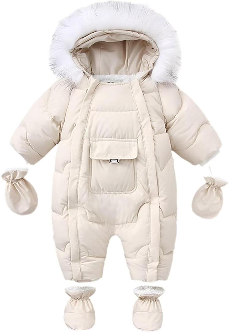 Baby Snowsuit Toddler Winter Unisex Romper Infant Girls Boys Solid Hooded Jumpsuit with Gloves Footie Down Coat Jacket (12-18 Months, 4-white)