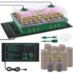 Hahood Seed Starter Kit with Grow Light Seedling Heat Mat 48 Cells Seed Starter Tray with Humidity Dome and Base Germination Trays Plastic Growing Trays Plant Propagation Kit for Seed Starting, Green