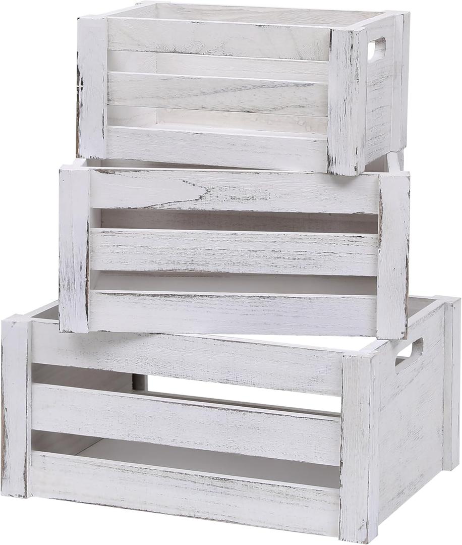 Large Vintage Black Wooden Crates for Display, Set of 3 With Handles, Rustic Handmade Boxes for Storage, Solid Decorative Boxes (Rustic White)
