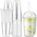Ziliny 50 Set Clear Plastic Cups with Dome Lids and Straws Sturdy & Food Safe Disposable U Shaped Cups for Cold Drinks Smoothie Milkshake Bubble Tea Juice Cocktail Iced Coffee Party (16 oz)