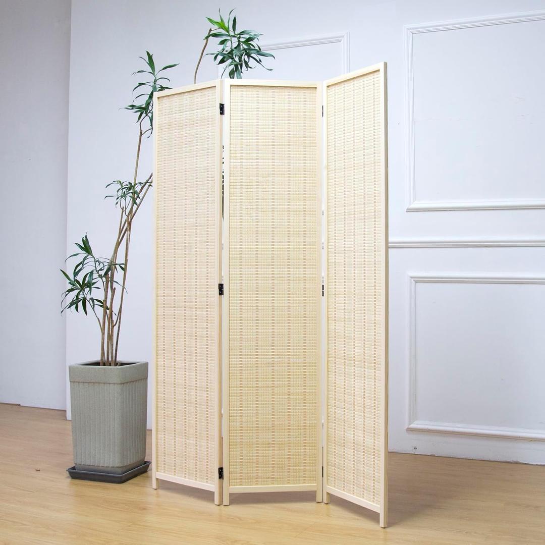 Furnnylane 3 Panel Room Divider and Folding Panel Screen,Bamboo Panel Divider Screen for Room Separation,Beige,67" H x 46" W