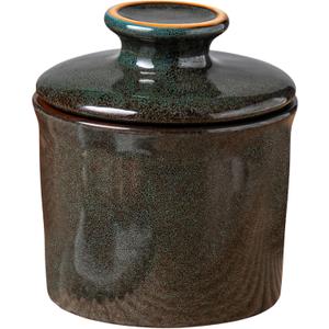 Pottery Butter Crock with Lid, Ceramic Butter Dish with Water Line, Countertop Butter Keeper, Butter Holder for Countertop, Greenish Brown