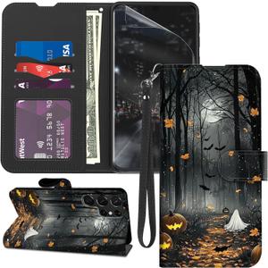 for Samsung Galaxy S23 Ultra Case Wallet with Screen Protector, Stand PU Leather Flip Folio Cover with Card Holder, Full-Body Protection Phone Case for Samsung S23 Ultra, Spooky Halloween