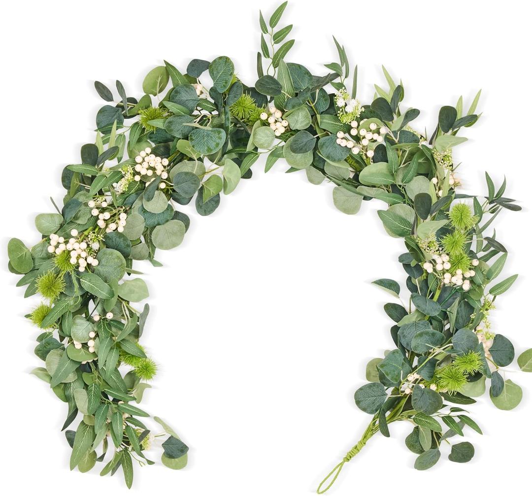 GENMOUS Artificial Eucalyptus Garland, 5.3 Ft Long Greenery Spring Garland with Silver Dollar, Seeds, Lvory Berries for Wedding Arch Farmhouse Mantle Table Runner Centerpiece Home Party Decor