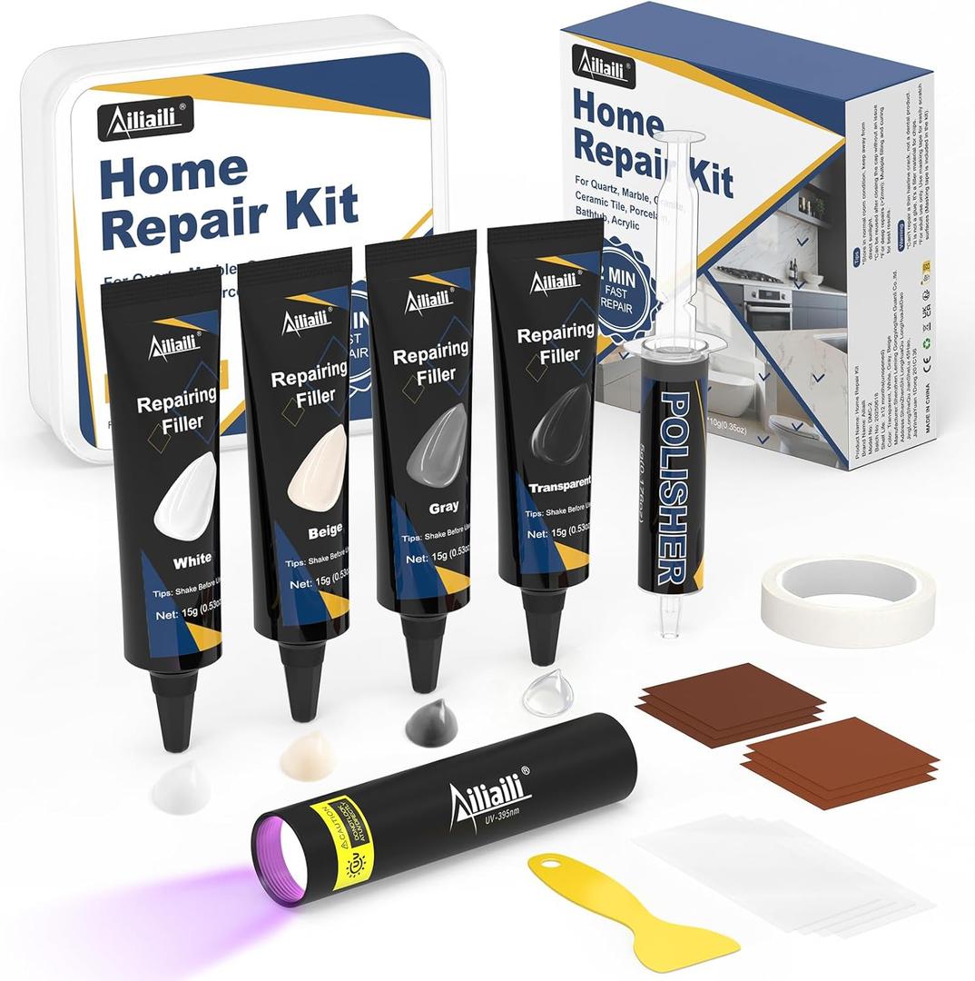 Quartz Countertop Repair Kit, Granite & Marble Repair Kit with 4*15g Filler(White, Beige, Gray, Clear), 30s Fast Repair Chip, Hole, Scratch, Crack on Fiberglass, Porcelain, Ceramic Tile, Bath Tub, Sink
