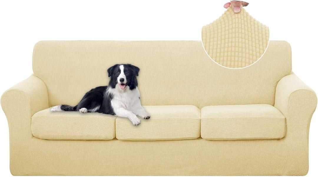 U-NICE HOME 4 Pieces Stretch Couch Cover Sofa Cover Washable Sofa Slipcover with Individual Seat Cushion for 3 Cushion Couch Sofa Pet Friendly(Sofa, Beige)