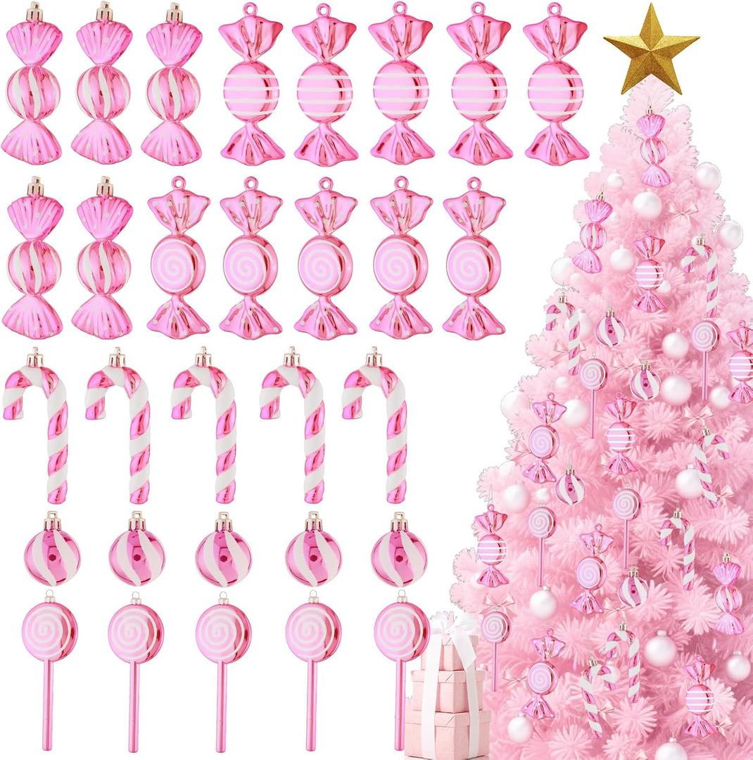 Lanpn 30 Pcs 4.5" Candy Cane Christmas Decorations, Peppermint Candies Xmas Tree Ornaments, Mini Pink White Lollipop Candy Canes, Plastic Crutch Pendant Hanging Decor Candyland Holiday Indoor Outdoor