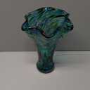 9.8" Tall Teal Blue Hand Blown Glass Vases for Home Decor,Modern Wide Mouth Ruffle Flower Vase Table Centerpieces,Colored Coastal Sea Glass Art for Bookshelf,Bathroom,Counterto,Wedding