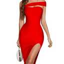 Women's One Shoulder Side Split Bandage Bodycon Club Midi Dresses (S, Red)