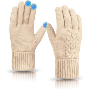 Winter Gloves Women Warm Thin Fleece Thermal Knit Elastic Touch Screen Gloves for Cold Weather Gifts Folding Cuffs (Beige) (Beige)