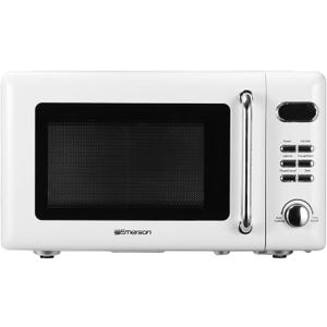 Emerson MWR7020W Compact Countertop Microwave Oven with Button Control, LED Display, 700W 5 Power Levels, 8 Auto Menus, Glass Turntable and Child Safe Lock, 0.7, Retro White