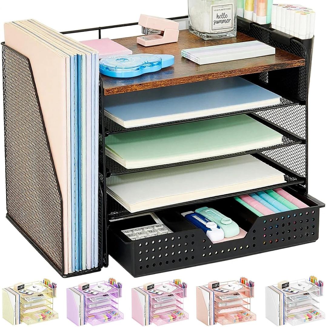 OPNICE Desk Organizer, 5-Tier Paper File Organizer with Drawer & Pen Holder, Office Desk Accessories, Workspace Desktop Organizer for Office Supplies(Brown Wood)