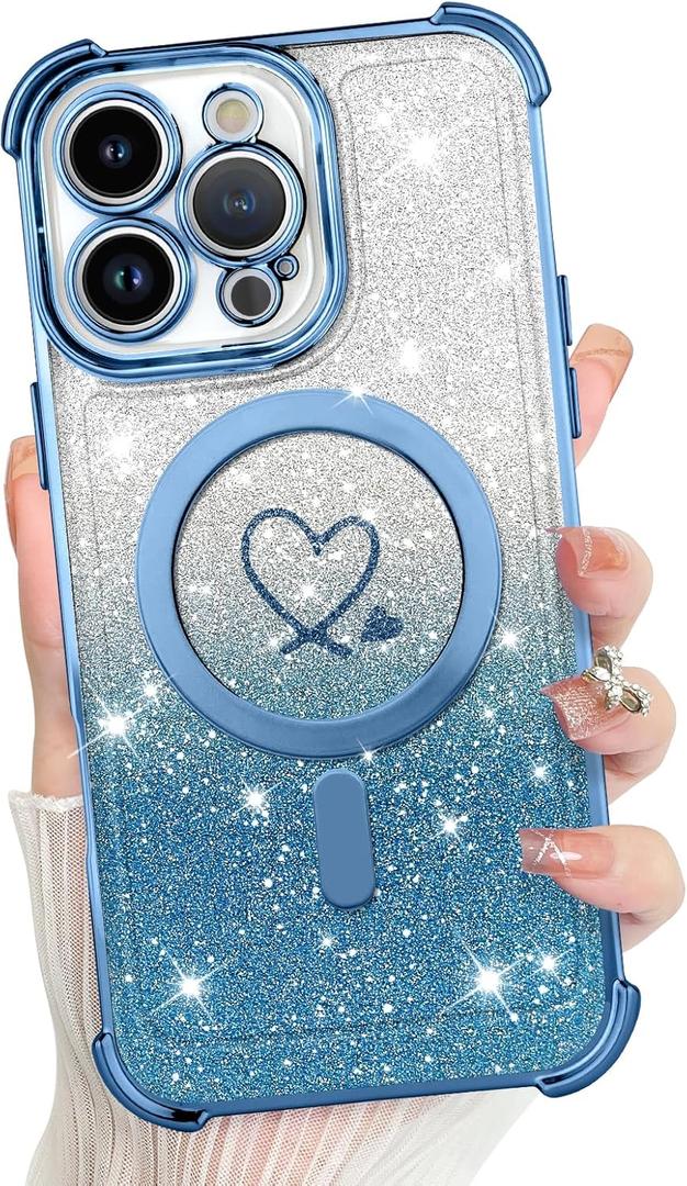 KANGHAR for iPhone 16 Plus Case, Support for MagSafe [Four Corner Cushion Series] Love Heart Pattern Electroplate Edge ShockPlusof Durable Full Body Plustection for Girls Women -Blue