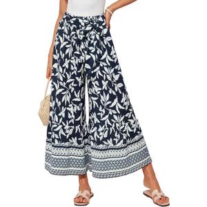 GRACE KARIN Women's 2025 Summer Wide Leg Palazzo Pants Elastic High Waisted Boho Casual Flowy Beach Pants with Pockets (X-Large, Navy Floral)