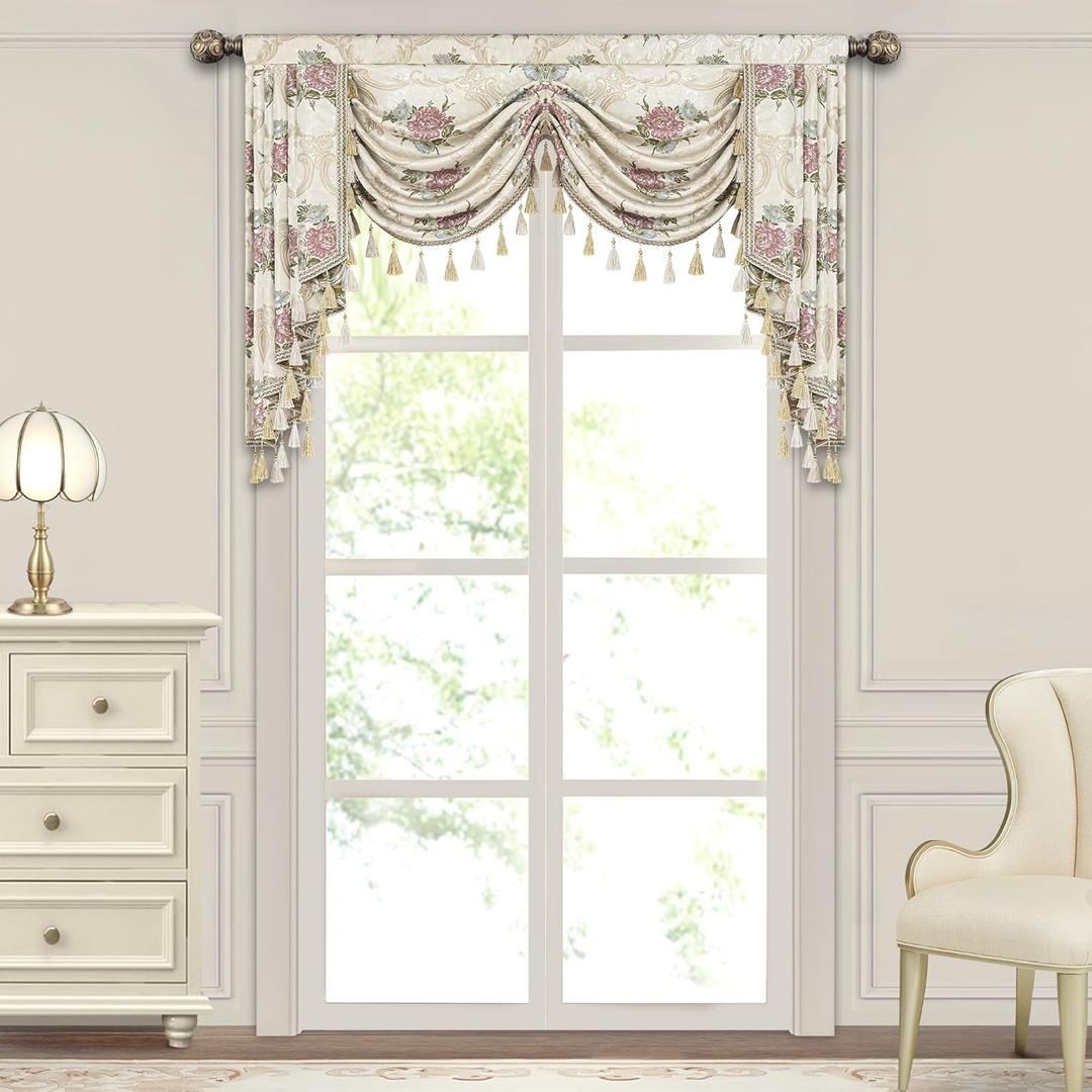 Loom and Mill Luxury European Waterfall Valance for Living Room Bedroom, Elegant Floral Jacquard Swag Window Valances with Tassels, Damask Swag Curtains for Banquet Wedding Holiday(W59Inch,1 Panel) (Valencia-pearly Beige)