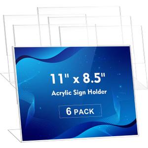 Comix Acrylic Sign Holder 11x8.5 Inches, 6 Pack L Shape Table Paper Stand | Clear Slanted Black Plastic Display Stand, Vertical Menu Flyer Holder for Cafe, Restaurants, Store Fair, Office, Wedding