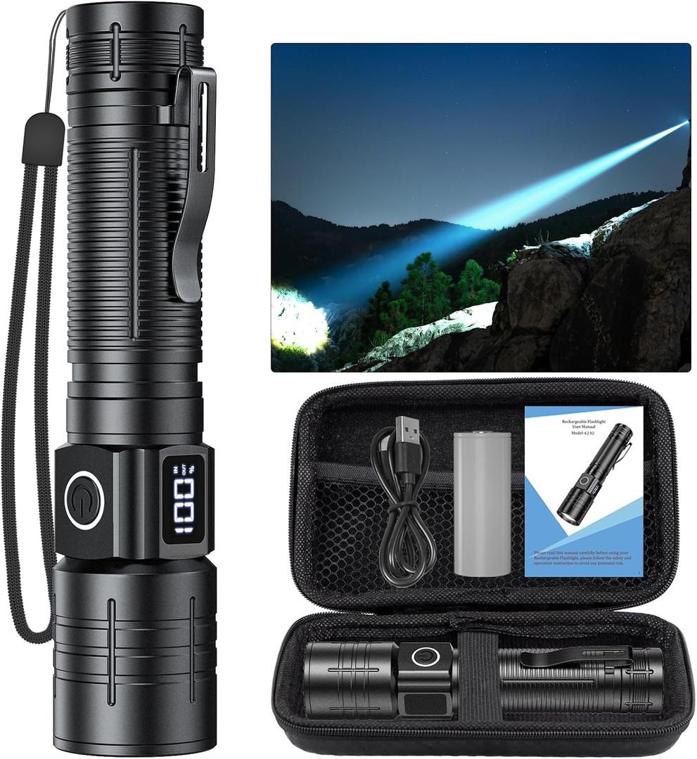 LED Flashlight, High Powered High Lumens Super Bright Tactical Flashlight, Rechargeable Flashlights High Lumens, 6 Modes Zoomable Waterproof Flash Lights for Emergency, Camping, Hiking (1 PACK)