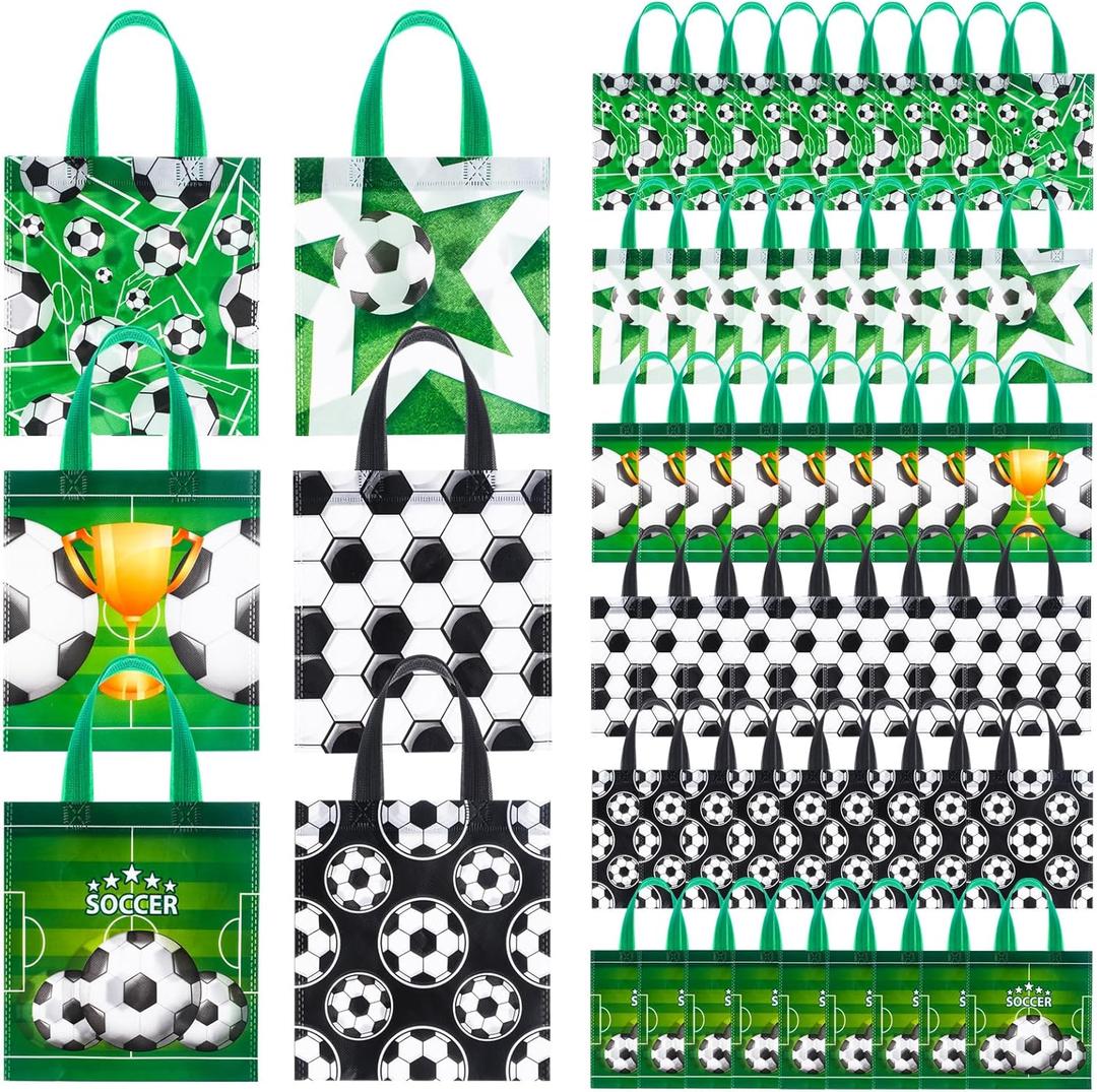 Sweetude 60 Pcs Soccer Party Favor Bags Bulk Football Soccer Non Woven Gift Bags with Handles Football Party Favors Supplies for Sports Theme Game Competitions Events Baby Shower Birthday