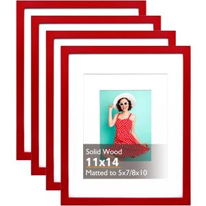 KINLINK 11x14 Picture Frame Red, Solid Wood Frames with Acrylic Plexiglass for Pictures 5x7/8x10 with Mat or 11x14 without Mat, Tabletop and Wall Mounting Display, Set of 4