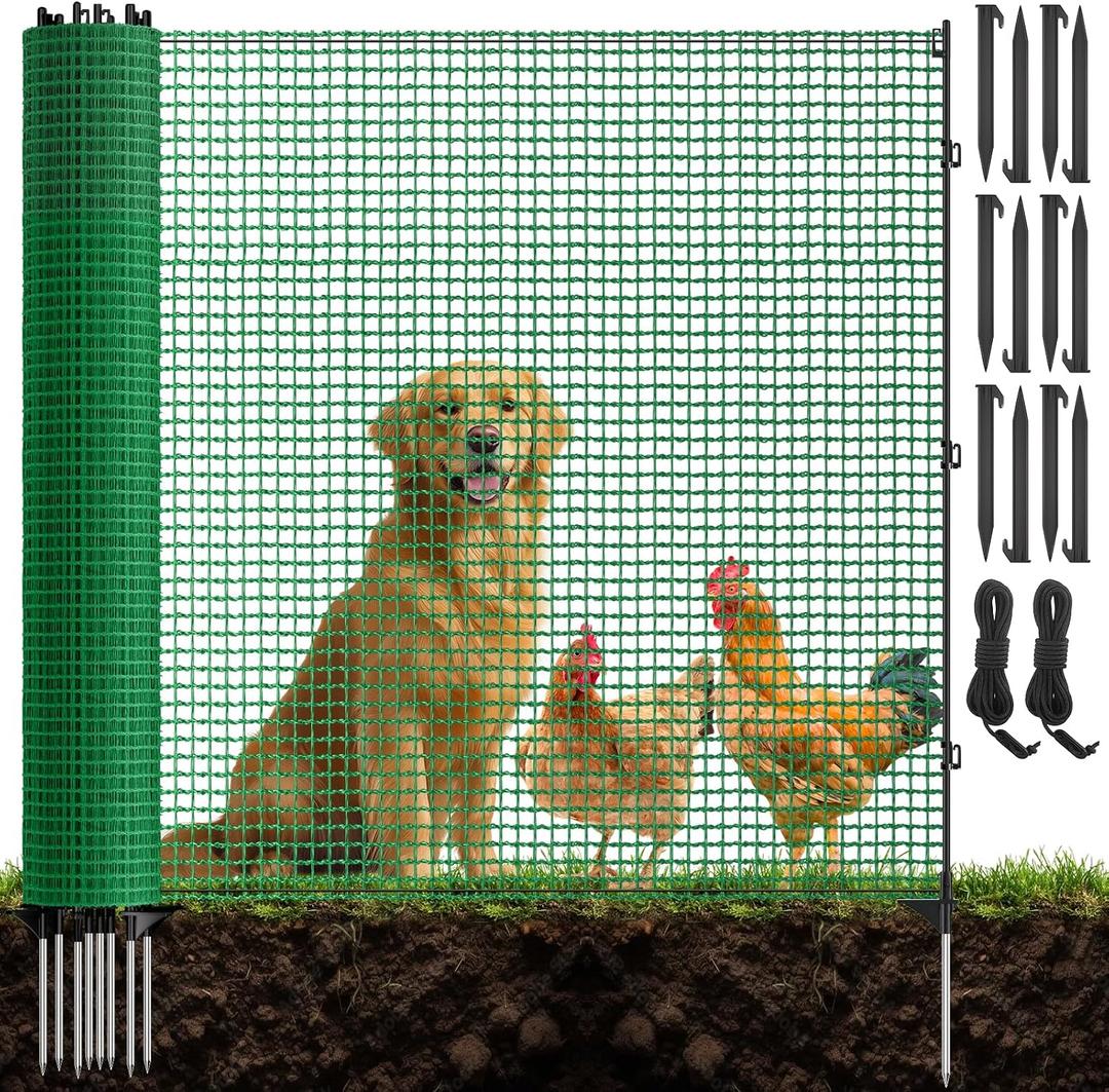 4x50FT Temporary Fence with Posts,Plastic Garden Safety Fence with 9 Fiberglass Stake,Windbreak Rope,Ground Peg,Temporary Fence for Backyard Outdoor Animal Protect,Temporary Dog Fence Outdoor