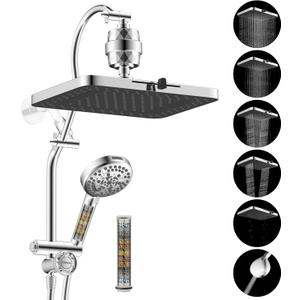 Hibbent 5-spray Dual Filtered Rainfall Shower Head Combo, High Pressure 13'' Showerhead with 10 Spray Mode Handheld, Easy Reach 4-way Diverter Shower Arm with Pause Mode, 71'' Hose and Holder, Chrome