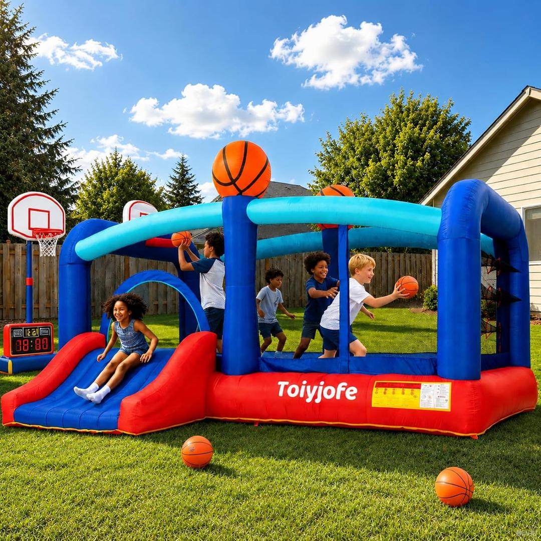 Bounce House for Big Kids Ages 8-12, 16FT Extra Large Basketball Castle
Inflatable Bouncy House with Slide, Dual Hoops & Jump Area for Backyard Sports, Teen Birthday Parties, 680W GFCI Blower