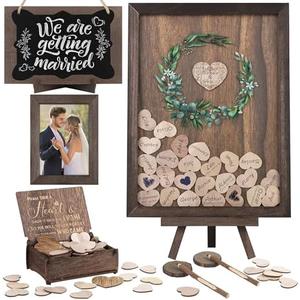 Aodaer Wedding Guest Book Alternative Drop Top Frame Heart Drop Wood Guest Book with Stand 122 Wooden Hearts Pens Box Mini Blackboard Rustic Wedding Decorations for Reception Baby Shower, Brown