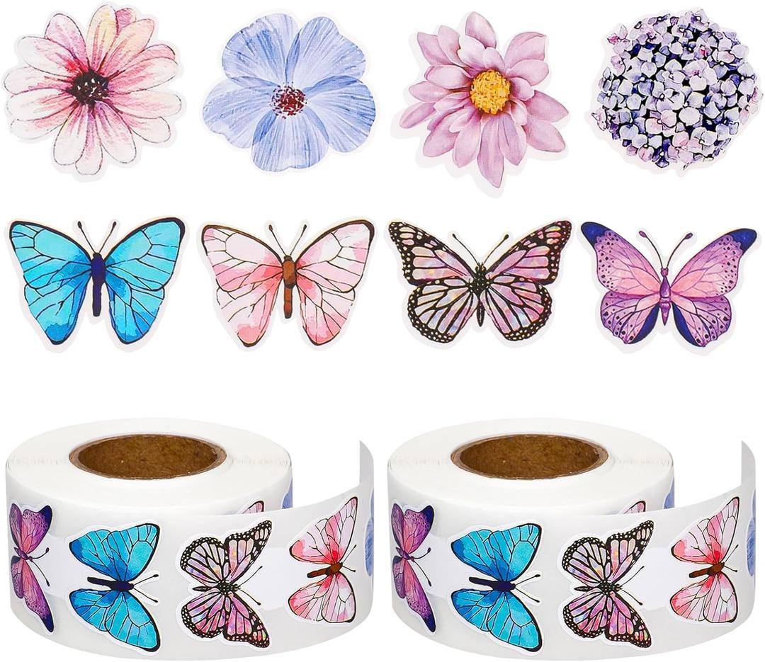 3 x Butterfly Roll Stickers, 1000 Pcs 16 Styles Waterproof Spring Floral Sticker Colorful Paper Decals for Scrapbooks Envelopes Party Supply Decoration