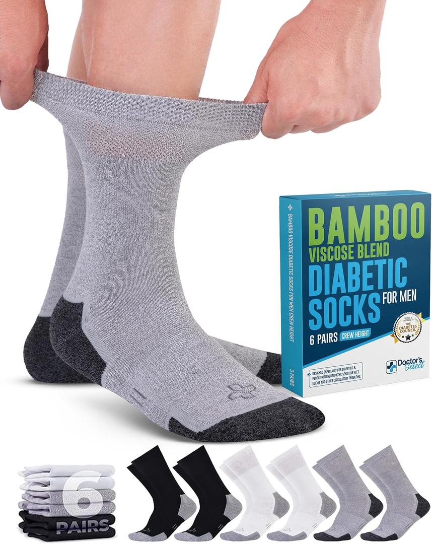 Doctor's Select Bamboo Viscose Diabetic Socks for Men - 6 Pairs Crew Diabetic Socks | Diabetic Neuropathy Socks for Men (Medium, Black, White, Grey)