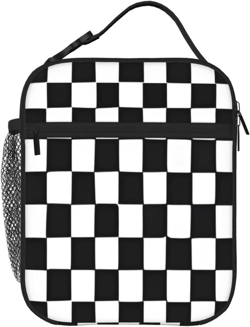 Black White Racing Checkered Lunch Box - Insulated Lunch Bags For Women/Men/Girls/Boys Detachable Handle Lunchbox Meal Tote Bag, Black White Racing Checkered