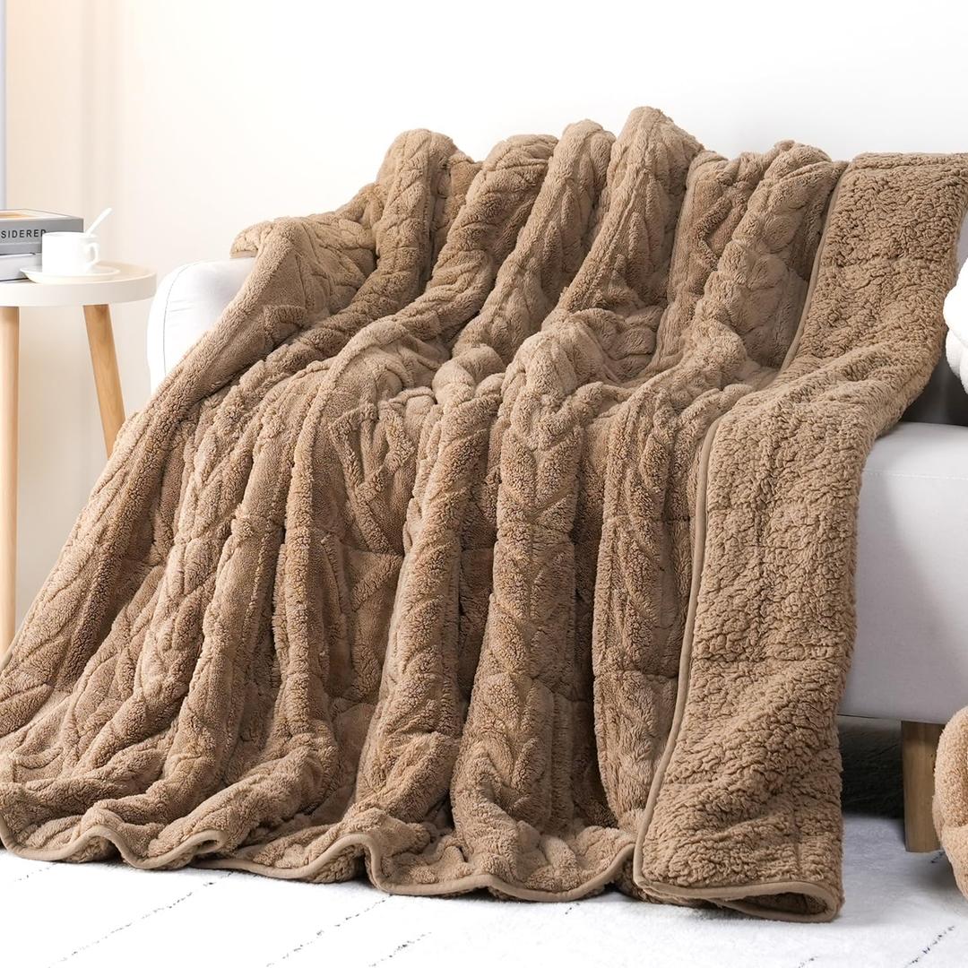 Cottonblue Weighted Blanket 15lbs Queen Size for Adults - Plush Cozy Sherpa Weighted Blanket for a Better Night's Sleep, Luxurious Jacquard Decor Blanket for Bed Sofa Couch, 60x80 Inches,Khaki