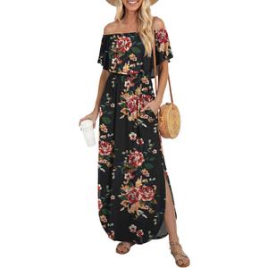LILBETTER Womens Off The Shoulder Ruffle Party Dresses Side Split Beach Maxi Dress (Brown Floral Black, X-Large)