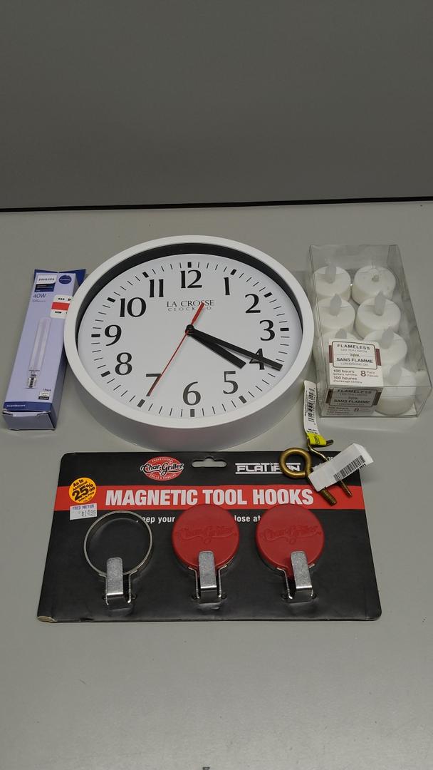 Wall clock, electric candle, Magnetic Tool Hooks and 40W bulb / Home Tools Set 4 Pack